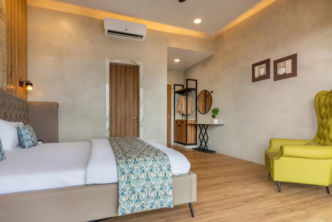 Panoramic Panoramic minimalist bedroom interior open wardrobe